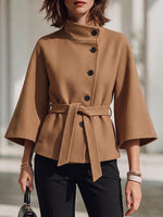 Women's Solid Color High-neck 3/4 Sleeve Casual Loose Tie-front Jacket