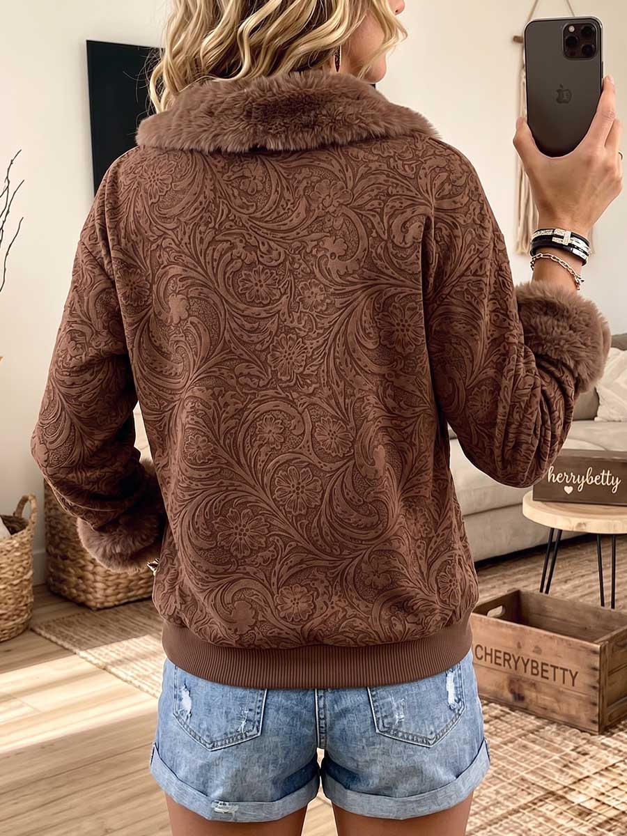 Women's Vintage Print Faux Suede & Plush Patchwork Top – Long Sleeve, Loose Fit, Plush Fold-over Collar