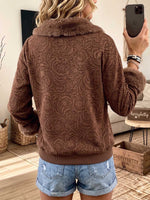 Women's Vintage Print Faux Suede & Plush Patchwork Top – Long Sleeve, Loose Fit, Plush Fold-over Collar