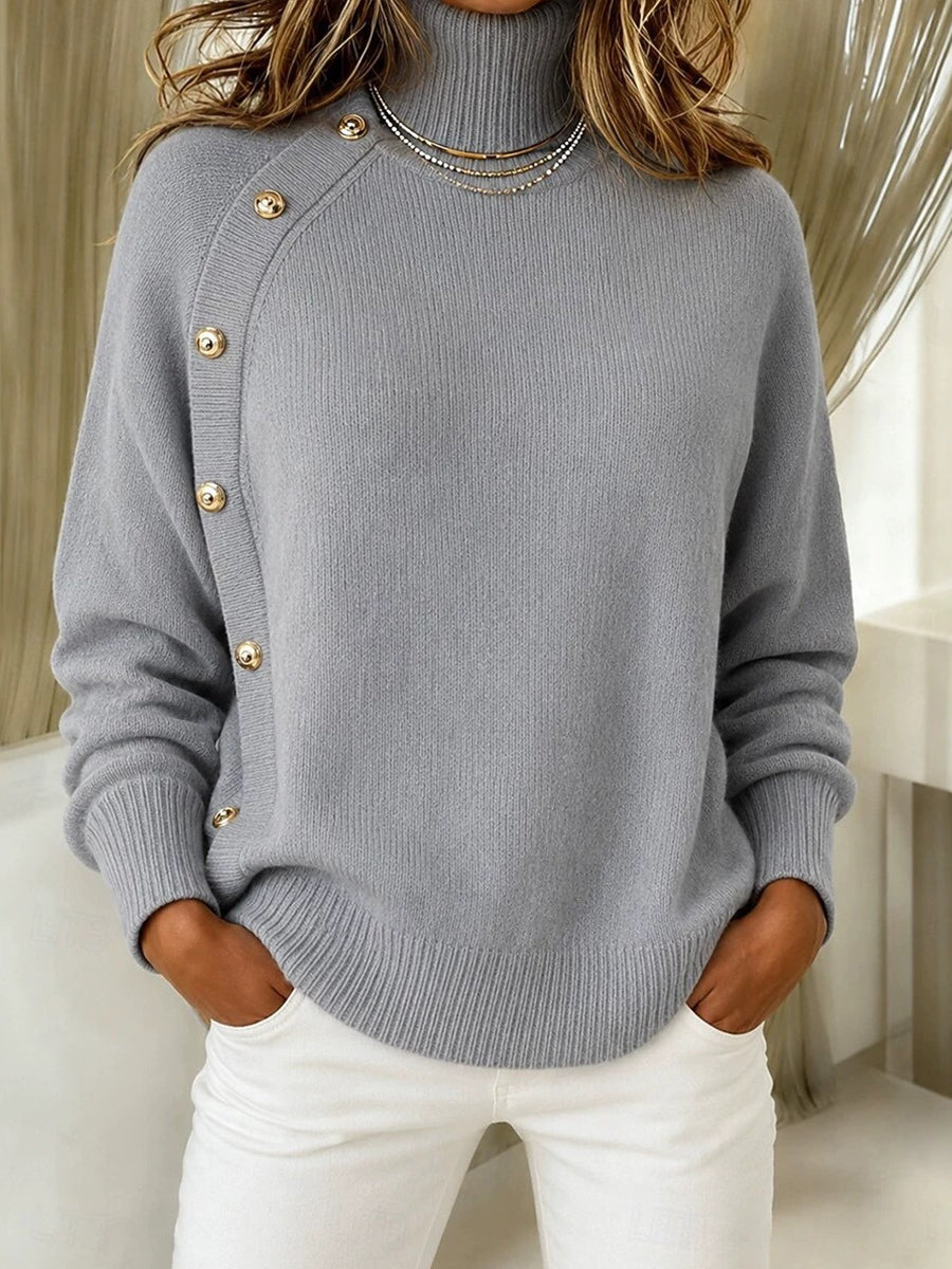 Elegant Crimson Asymmetrical Button Turtleneck Sweater