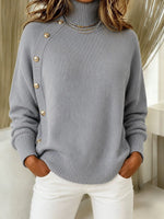 Elegant Crimson Asymmetrical Button Turtleneck Sweater