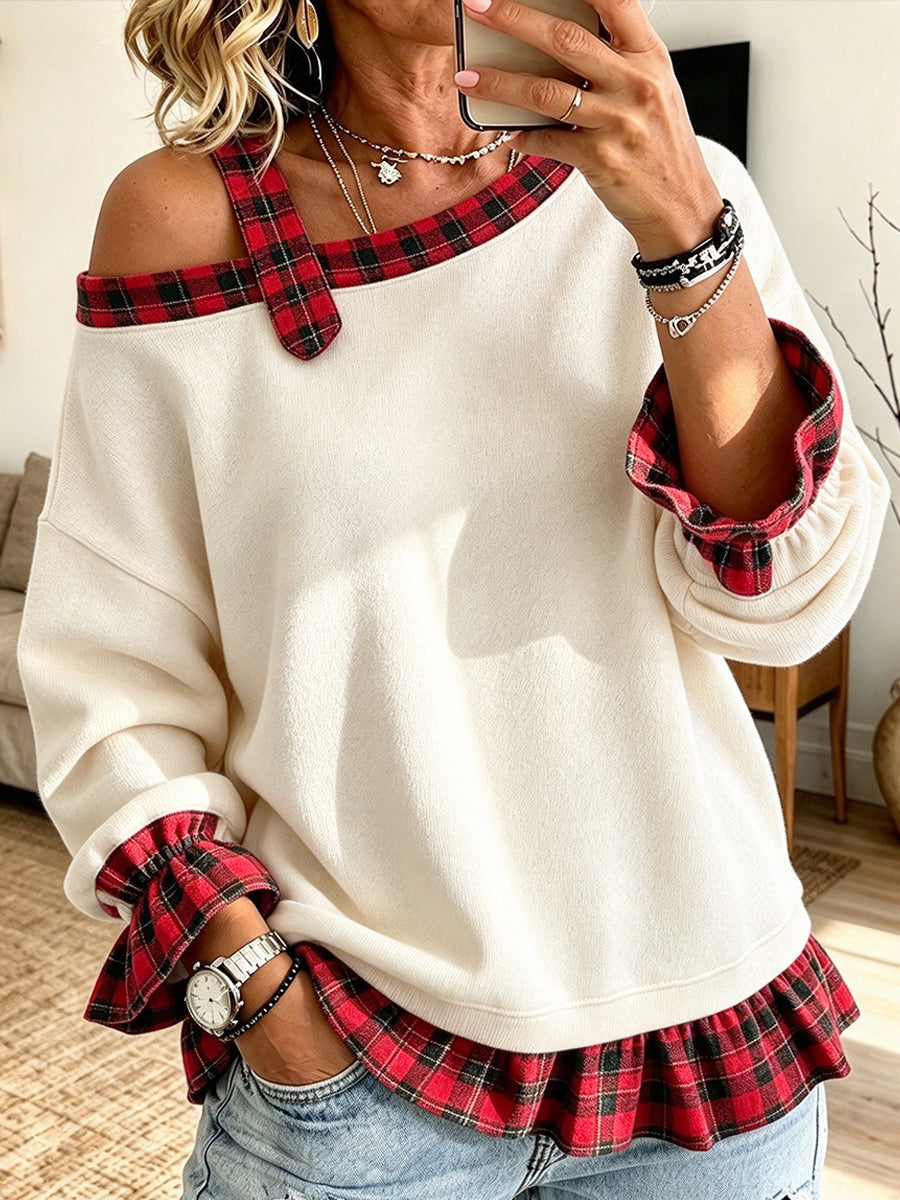 Sudadera informal elegante con hombros descubiertos y paneles a cuadros