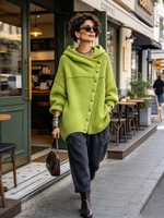 Ŝika Oversized Ribbed Asimetria Butona Kapuĉa Svetero