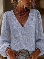 Casual, Loose-fitting V-neck Top With Lace, A Print, And Puff Sleeves