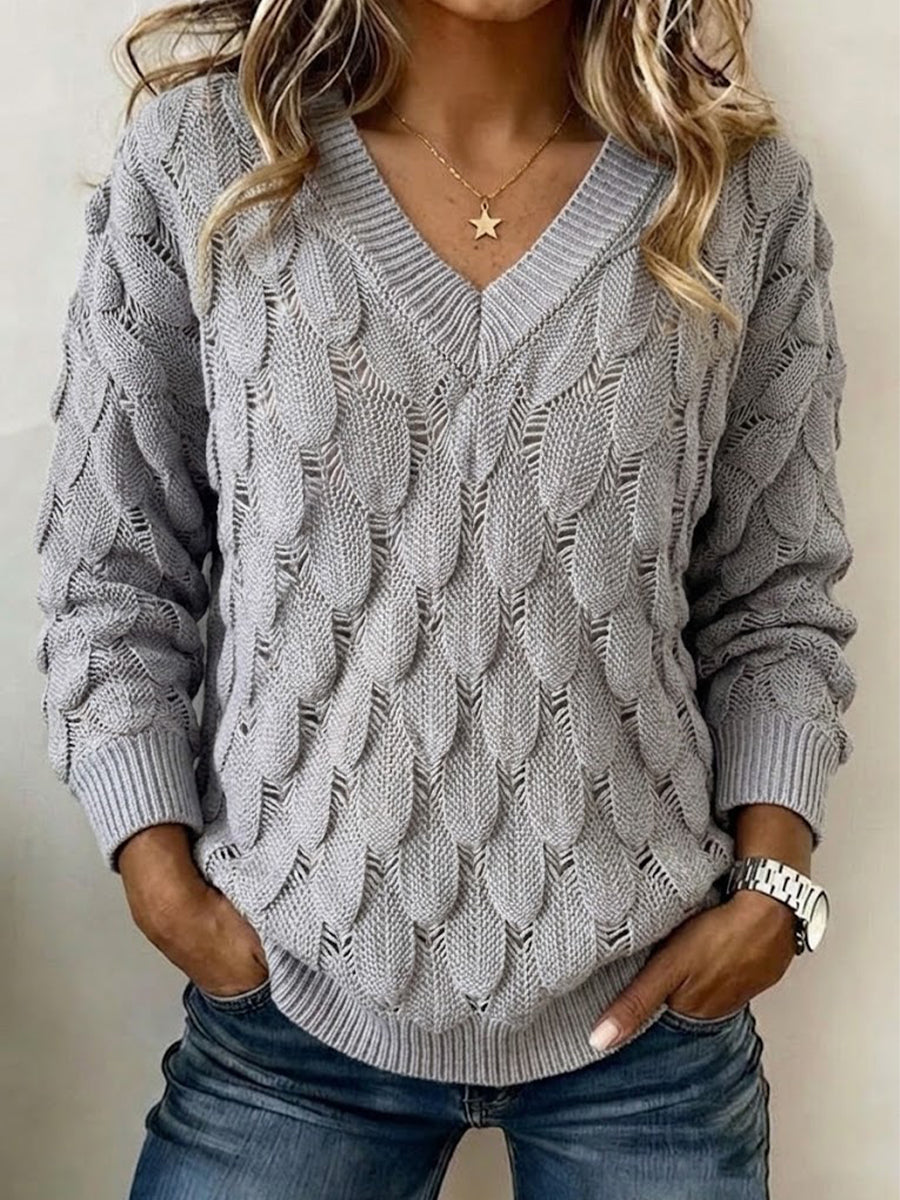 Jersey de punto abierto con cuello en V y manga larga con textura tipo pluma