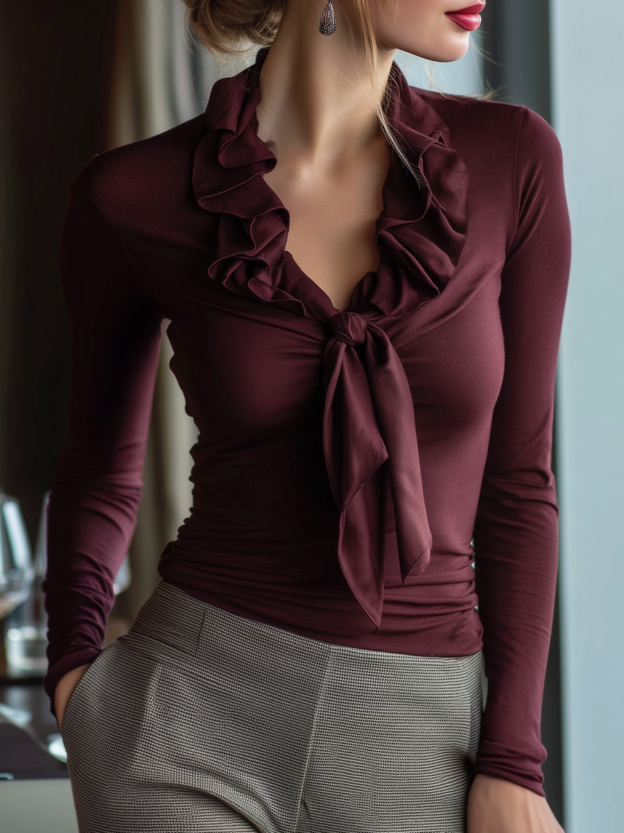 Chic Ruffled Neckline Tie-Front Long-Sleeve Top
