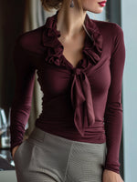 Chic Ruffled Neckline Tie-Front Long-Sleeve Top