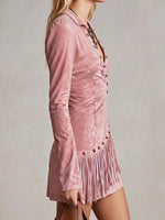 Lapel Asymmetric-button Suede Fringe Dress