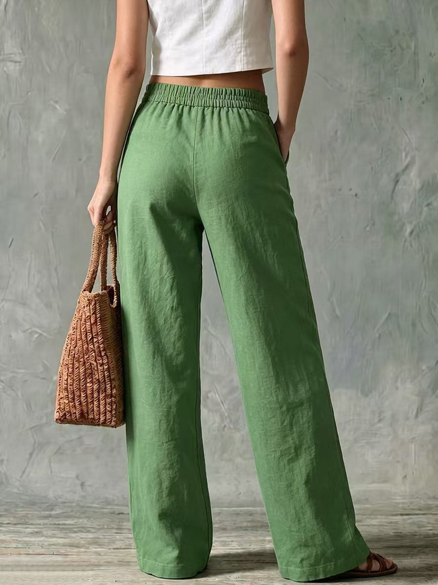Women's Solid Color High-waisted Casual Loose Cotton Linen Wide-leg Pants
