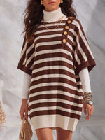 Women's Striped Print Stand-collar 3/4 Sleeve Metal-button Casual Loose Knit Dress