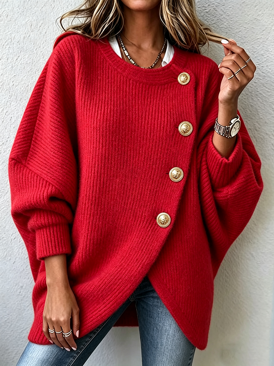 Elegant Red Asymmetric Button Knit Sweater