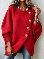 Elegant Red Asymmetric Button Knit Sweater