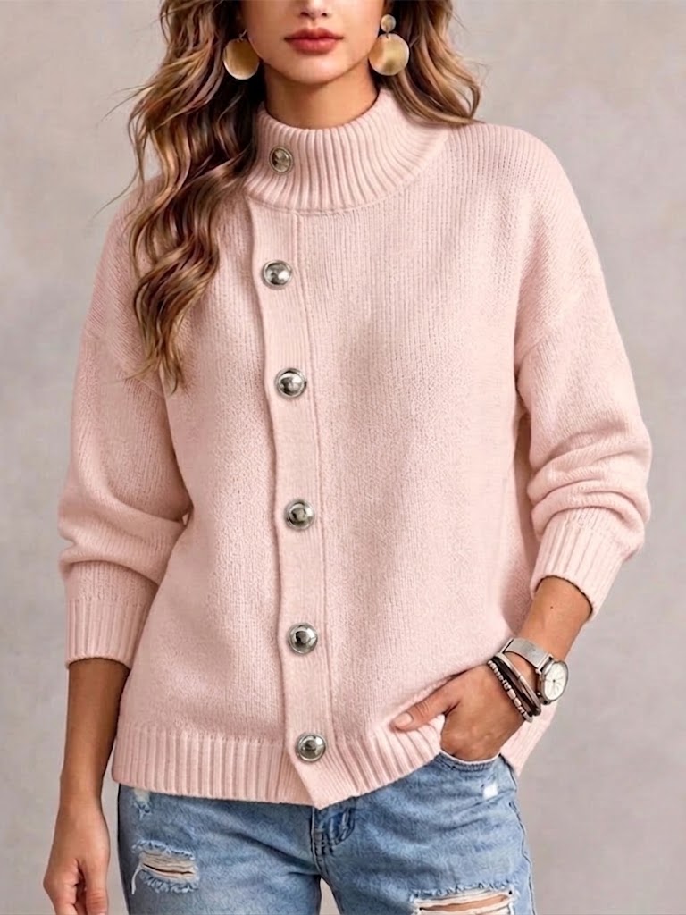 Loose-fit Knit Sweater With A Mock Neck And Diagonal Metal Button Detail