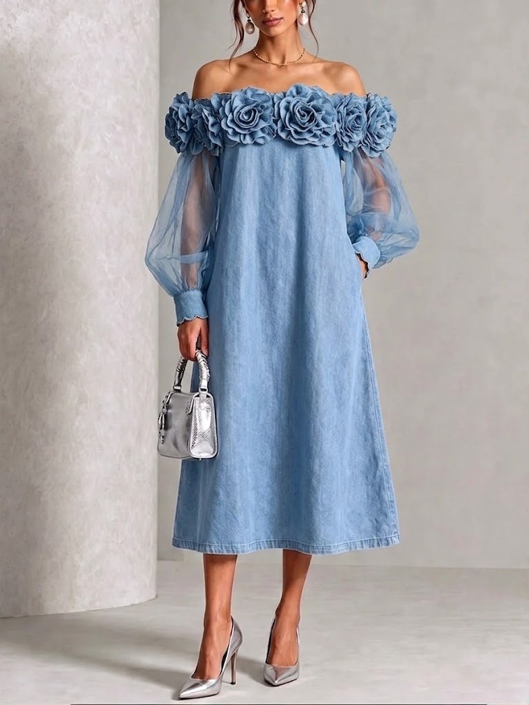 Off-shoulder Denim Dress With Chiffon Panels And 3d Rose Detail