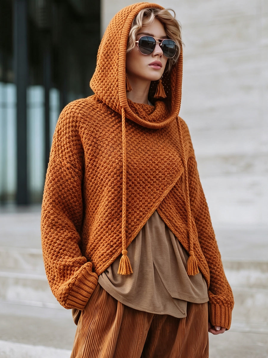 Cozy Hooded Tasseled Layered Knit Sweater