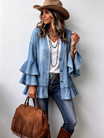 Chic Boho Tiered Ruffle Sleeve Denim Cardigan