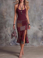 Women's Round Neck Sleeveless Camisole Dress With Knitted Patchwork Retro Print