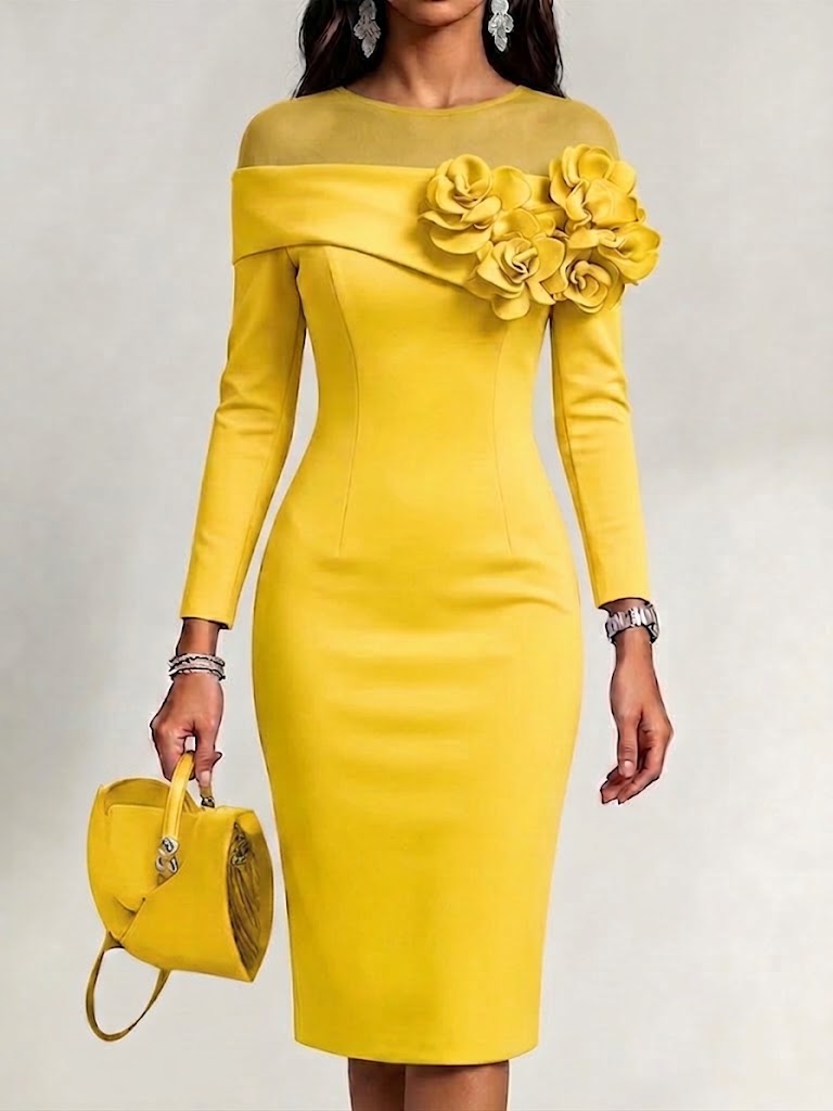 Solid-color, Slim-fit Dress With A Round Neck And 3d Floral Embellishment On The Side