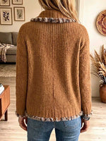 Women's Brown Textured Knit Button-down Cardigan With Faux Fur Trim