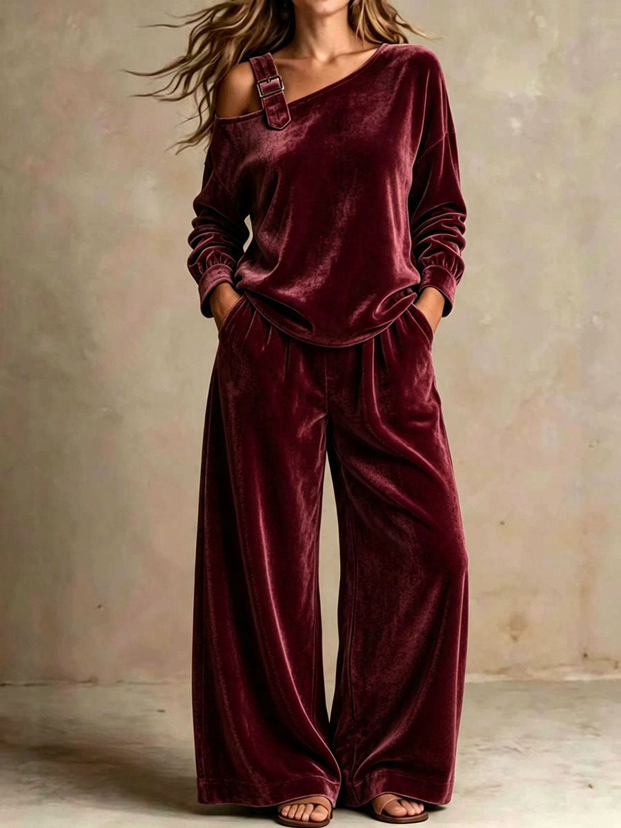 Women's Solid Color Off-shoulder Long-sleeve High-waisted Wide-leg Pants Velvet Set (loose Fit)