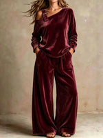 Women's Solid Color Off-shoulder Long-sleeve High-waisted Wide-leg Pants Velvet Set (loose Fit)