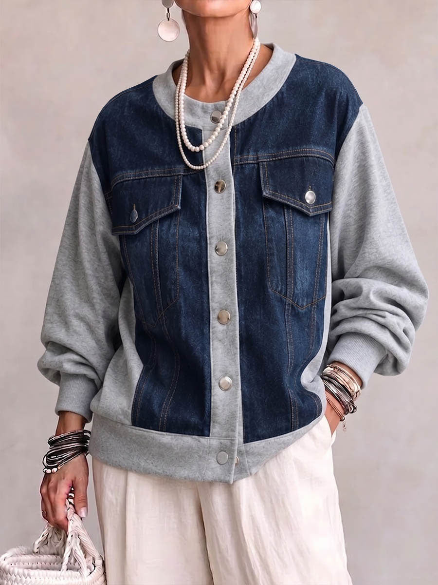 Women's Round Neck Long-sleeved Casual Loose Denim Patchwork Cardigan
