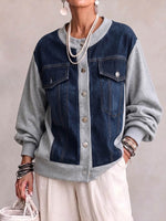 Women's Round Neck Long-sleeved Casual Loose Denim Patchwork Cardigan