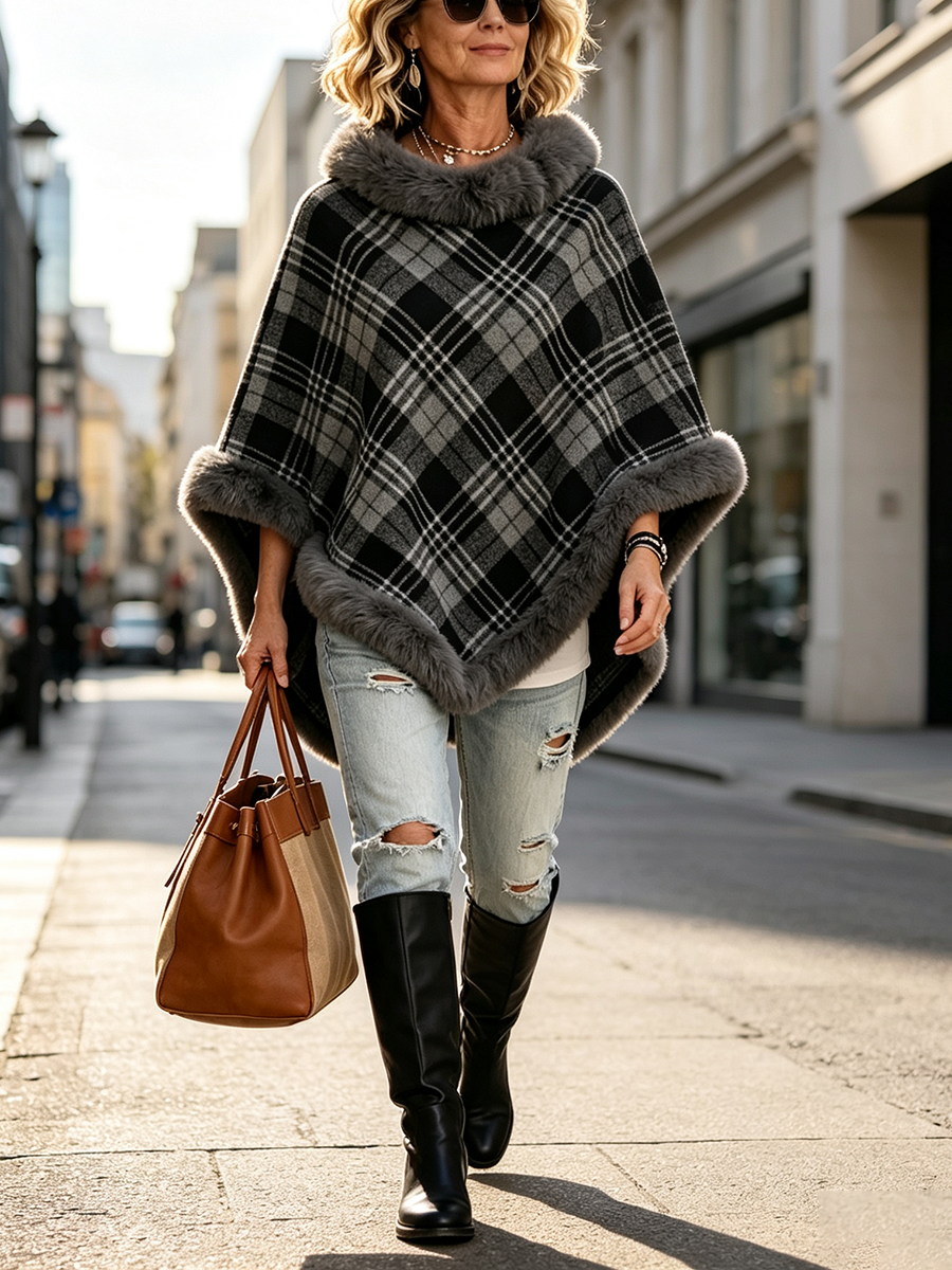 Cozy Plaid Fur-trimmed Poncho
