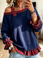 Sudadera informal elegante con hombros descubiertos y paneles a cuadros
