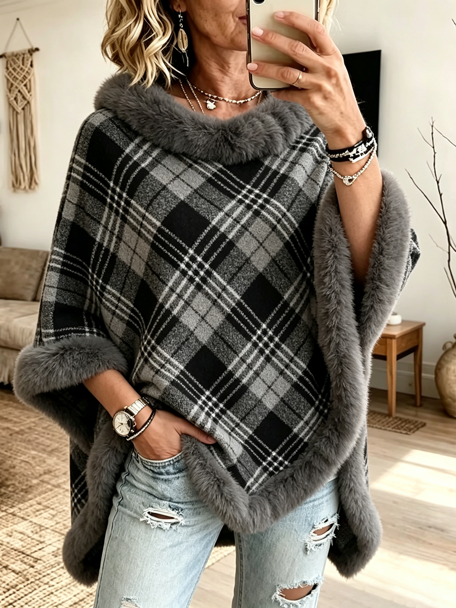 Cozy Plaid Fur-trimmed Poncho