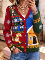 Cardigan natalizio brutto da donna Maglione a blocchi di colore per le vacanze con scollo a V e bottoni