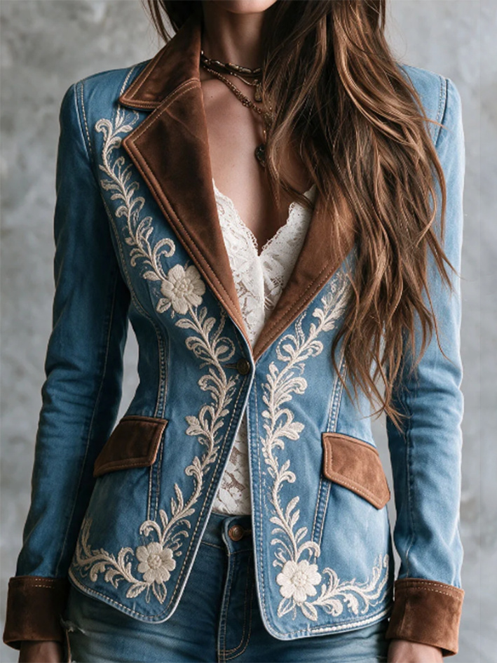 Boho-chic Embroidered Denim Blazer With Faux Suede Trim
