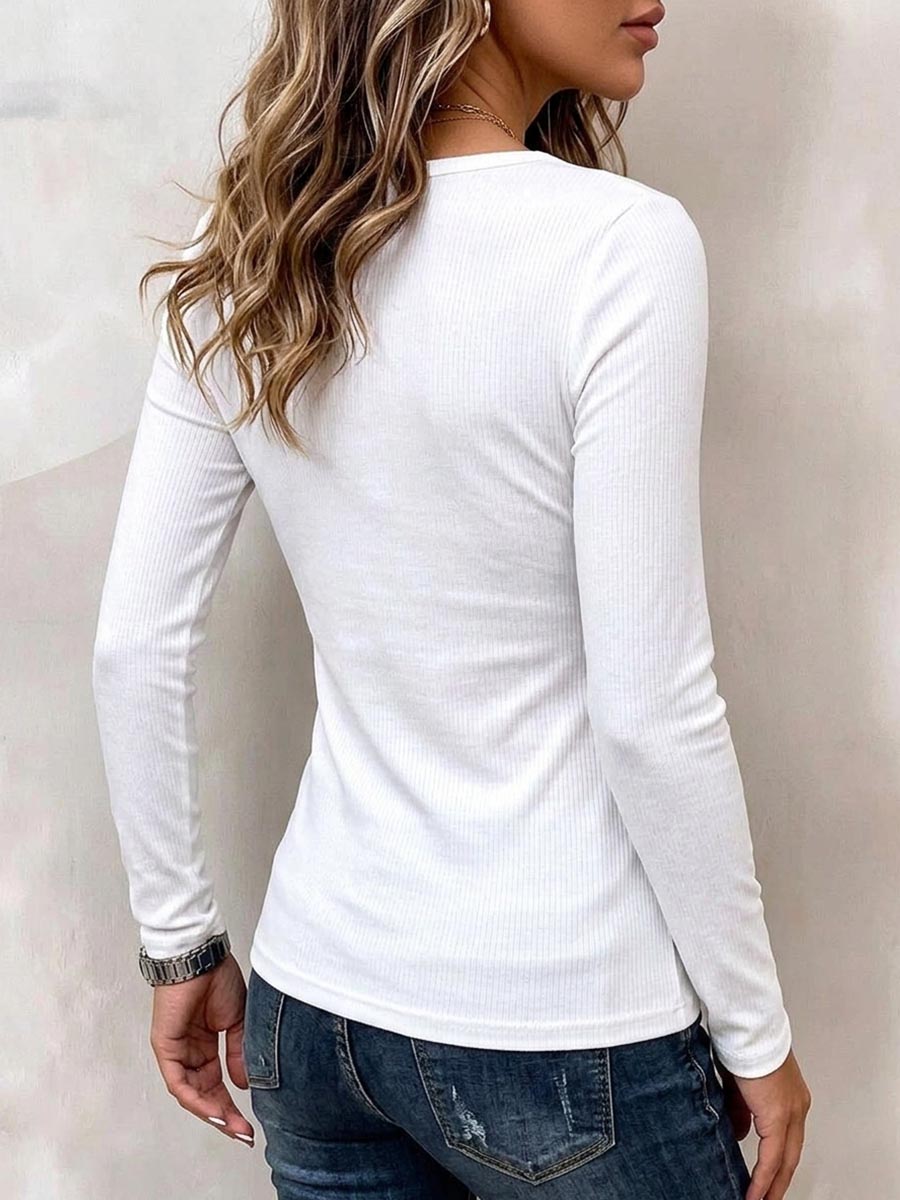Women's Ribbed Long Sleeve Scoop Neck Top With Button Details