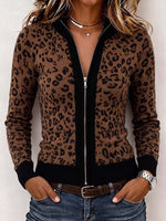 Women's Leopard Print Stand-collar Long-sleeve Loose-fit Knit Cardigan