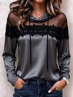 Damen-Hoodie-Bluse aus Satin und transparentem Mesh mit Spitzenbesatz