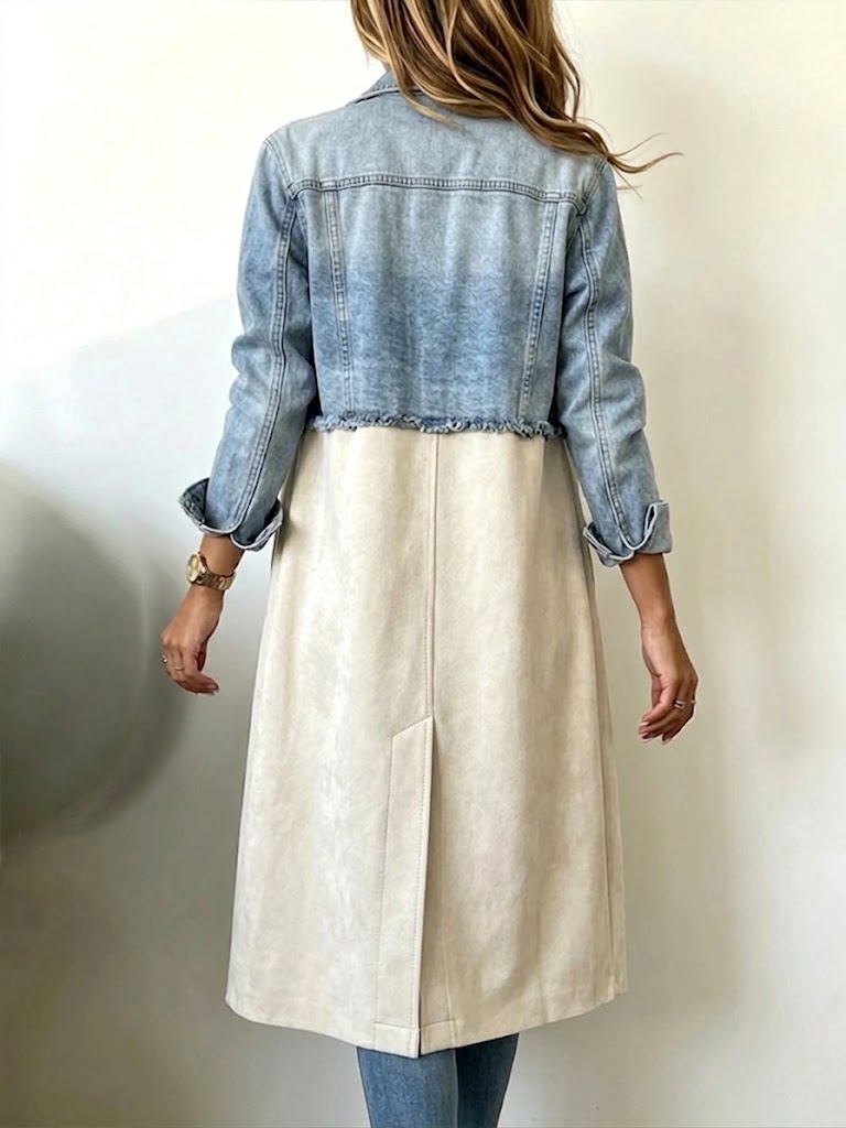 Long Coat Featuring A Mix Of Casual Denim And Faux Suede.