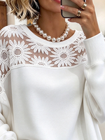 Schickes, elegantes Herbst-Winter-Casual-Sweatshirt mit Gänseblümchen-Spitze in Weiß