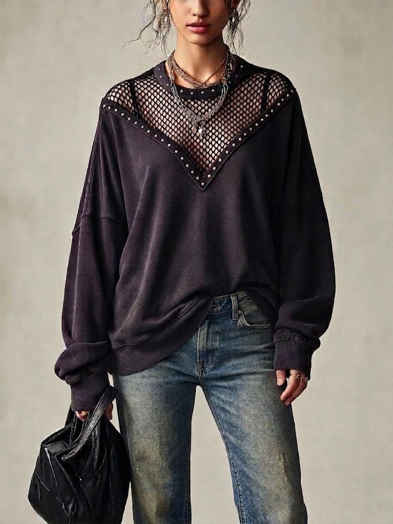 Casual Mesh-paneled, Stud-embellished Loose Sweatshirt