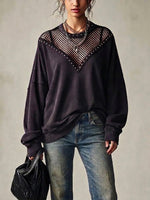 Casual Mesh-paneled, Stud-embellished Loose Sweatshirt