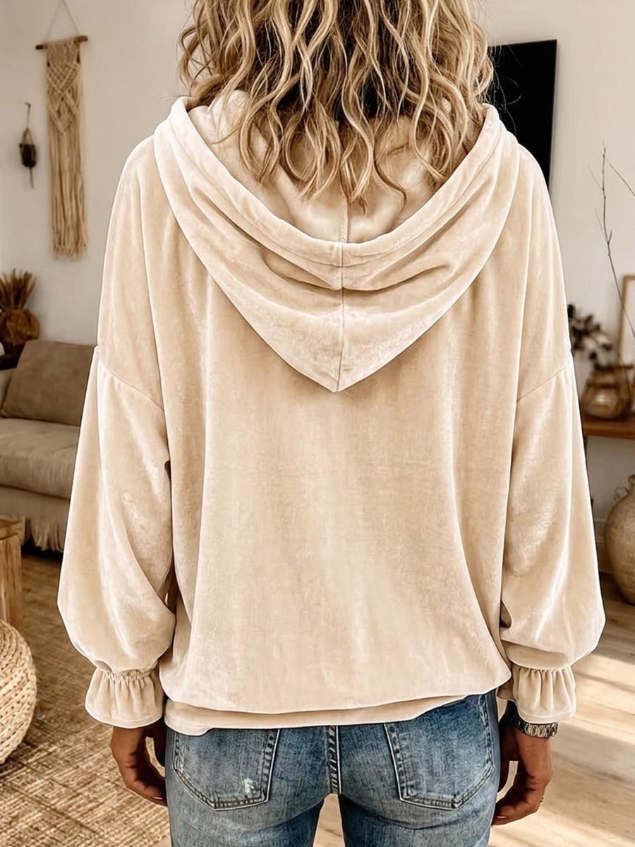 Women's Velour Oversized Drawstring Hoodie With Ruffle Cuffs