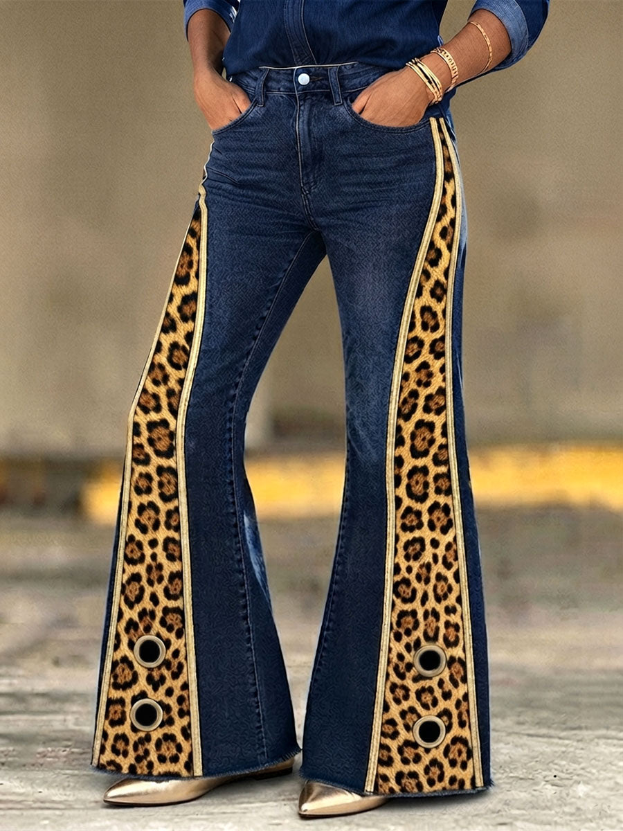 Boho Bold Leopard Print Patchwork Flared Jeans