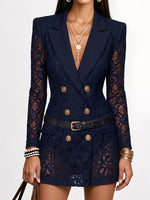 Women's Solid Color Lace Suit Dress With Turn-down Collar Long Sleeves, Casual Loose Fit