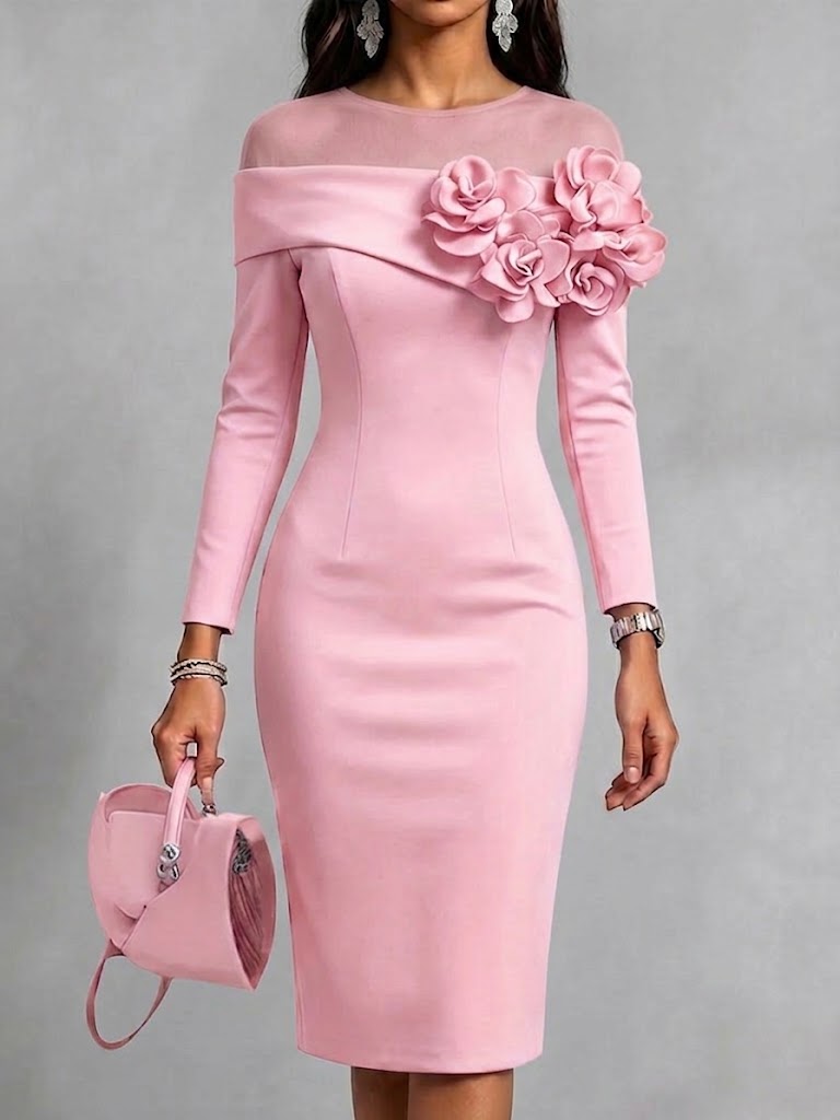 Solid-color, Slim-fit Dress With A Round Neck And 3d Floral Embellishment On The Side