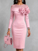 Solid-color, Slim-fit Dress With A Round Neck And 3d Floral Embellishment On The Side