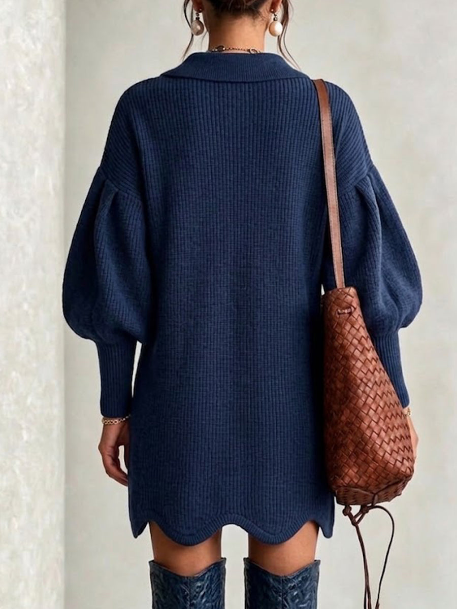 Knit Dress With A Peter Pan Collar, Diagonal Button Placket, Large Buttons, And Lantern Sleeves