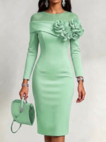 Solid-color, Slim-fit Dress With A Round Neck And 3d Floral Embellishment On The Side