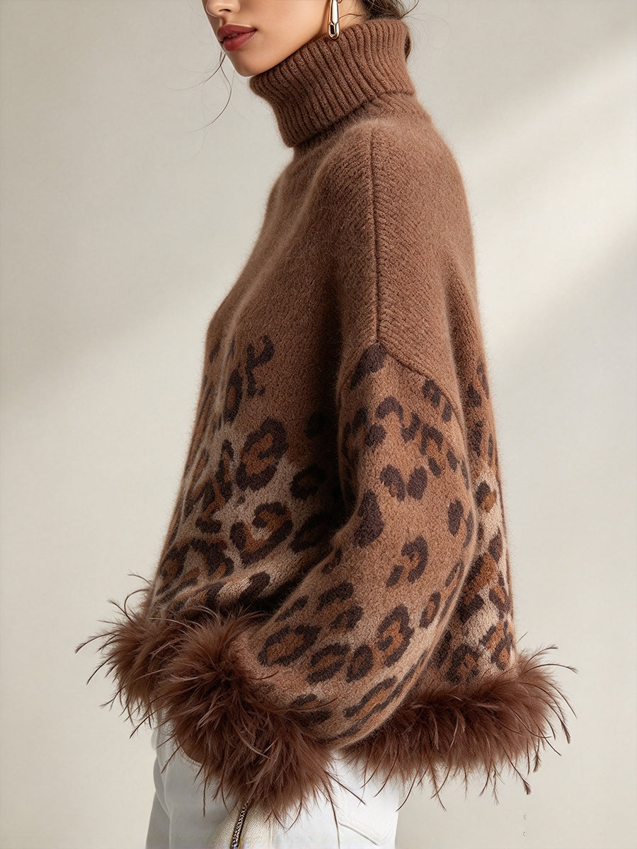 Ŝika Ombré Leopardo-presaĵo Plumborda Turtleneck Knit Top