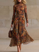 Women's Retro Print Stand Collar Long Sleeve Casual Loose Stretch Mesh Dress