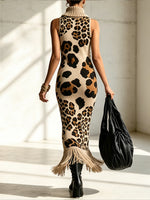 Bohemian Leopard-print Sleeveless Turtleneck Knit Midi Dress