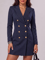 Women's Striped Printed Lapel Long-sleeved Casual Slim-fit Suit Dress